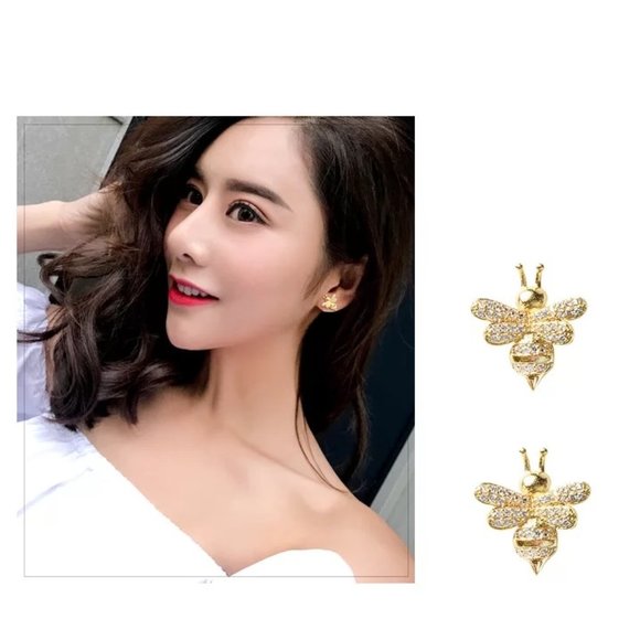 14k Gold Queen Bee Diamonds Stud Earrings Sterling Silver - Picture 6 of 12